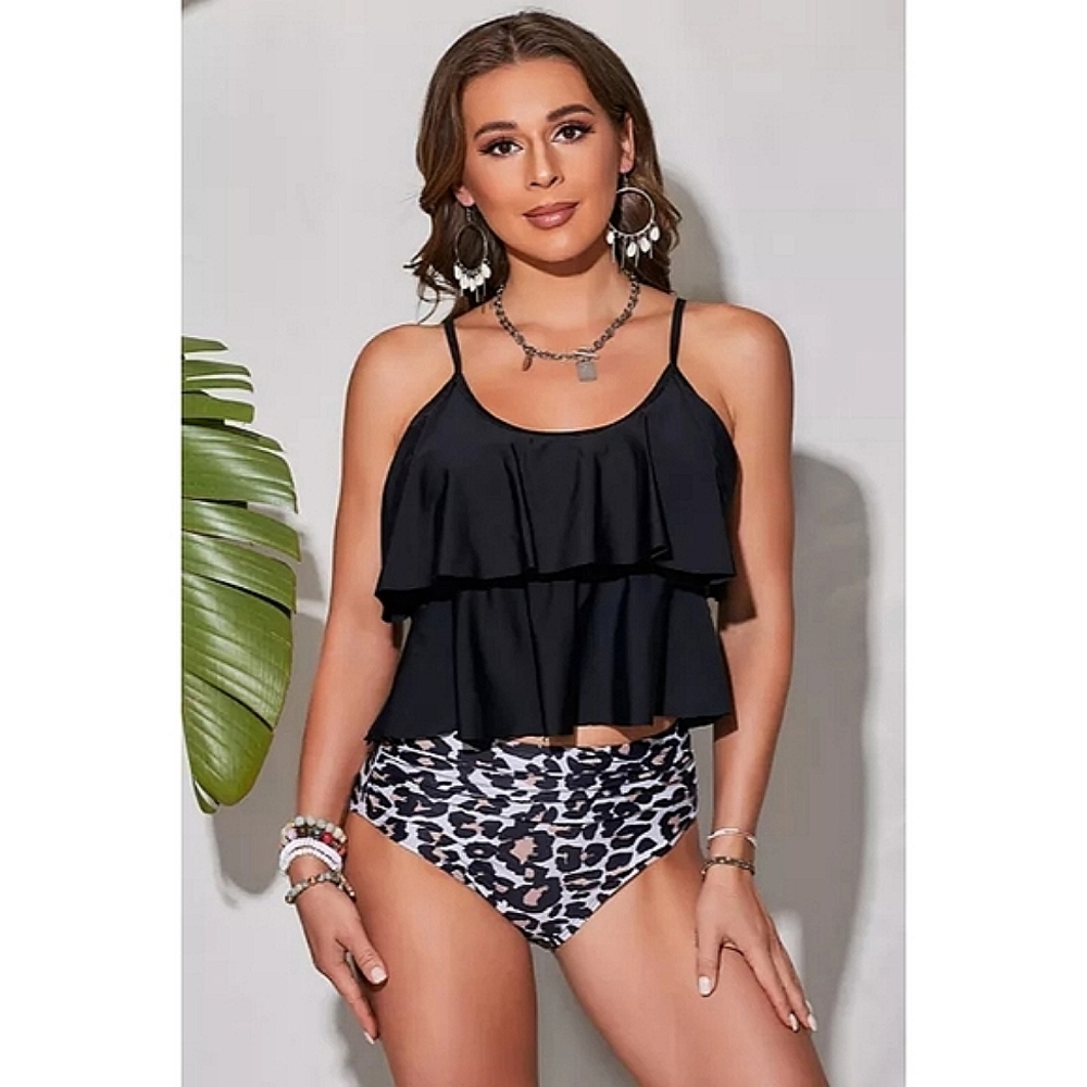 LAST ONE! Plus Size 2 Piece High Waisted Leopord Bikini With Black Ruffle Top - Picture 2 of 6